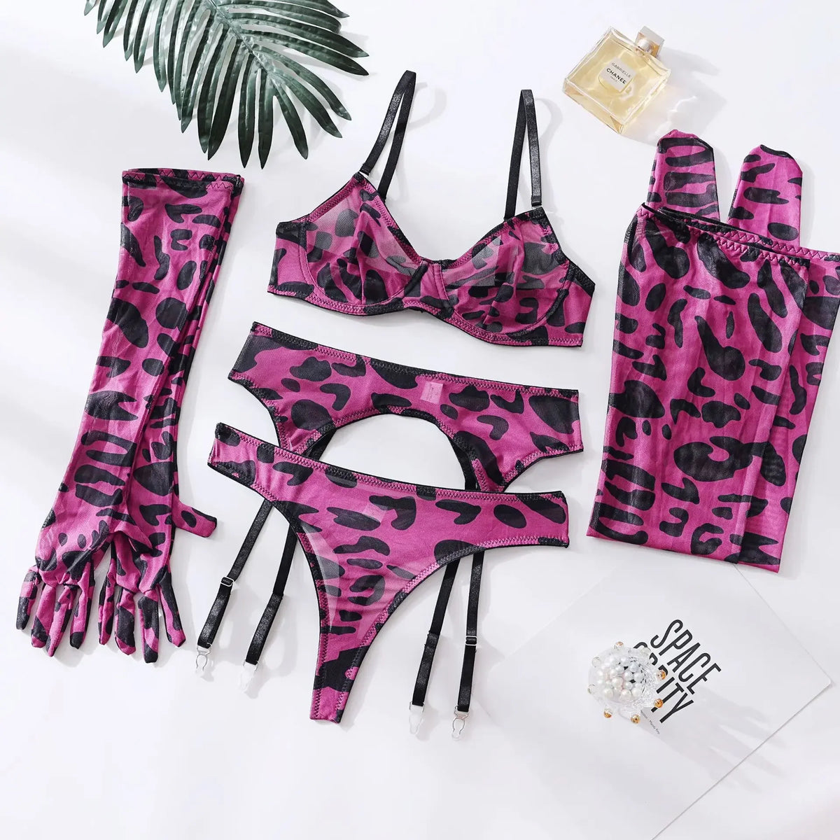 Toucheart Mesh Printing Lingerie Suit 5-piece Set Gloves Stockings Underwear Set Exotic Garters Underwear