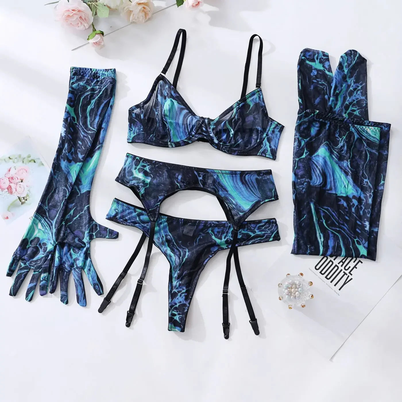 Toucheart Mesh Printing Lingerie Suit 5-piece Set Gloves Stockings Underwear Set Exotic Garters Underwear