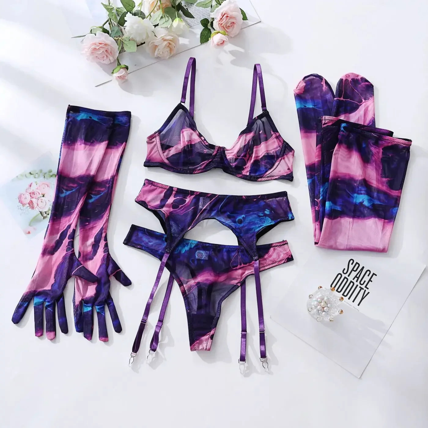 Toucheart Mesh Printing Lingerie Suit 5-piece Set Gloves Stockings Underwear Set Exotic Garters Underwear