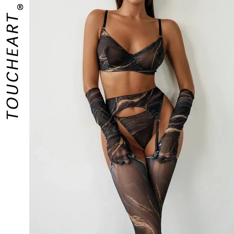 Toucheart Mesh Printing Lingerie Suit 5-piece Set Gloves Stockings Underwear Set Exotic Garters Underwear