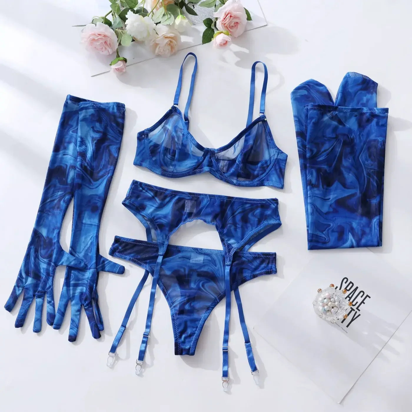 Toucheart Mesh Printing Lingerie Suit 5-piece Set Gloves Stockings Underwear Set Exotic Garters Underwear