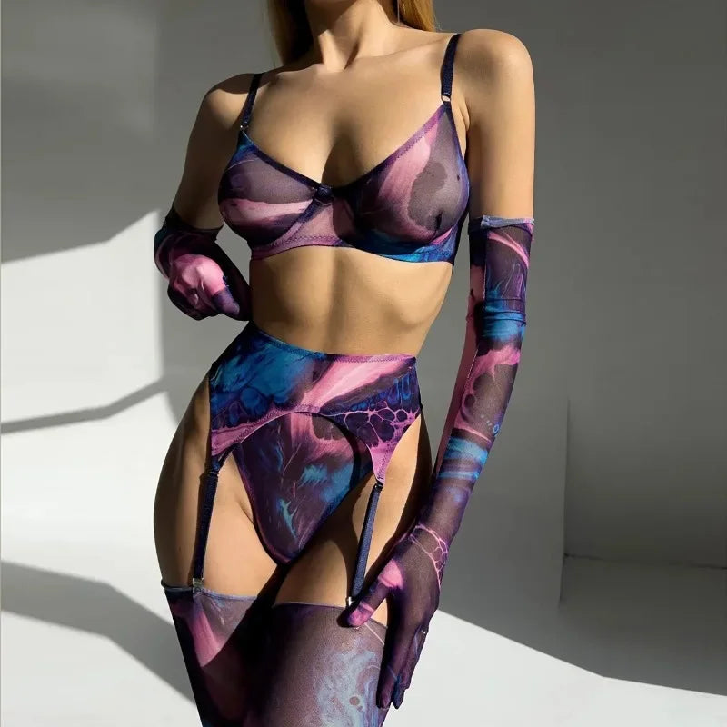 Toucheart Mesh Printing Lingerie Suit 5-piece Set Gloves Stockings Underwear Set Exotic Garters Underwear