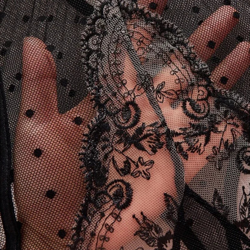 Toucheart Mesh See-Through Lingerie Tempting Lace Embroidery Splicing Bow Knot Polka Dots Mesh Sling Jumpsuit