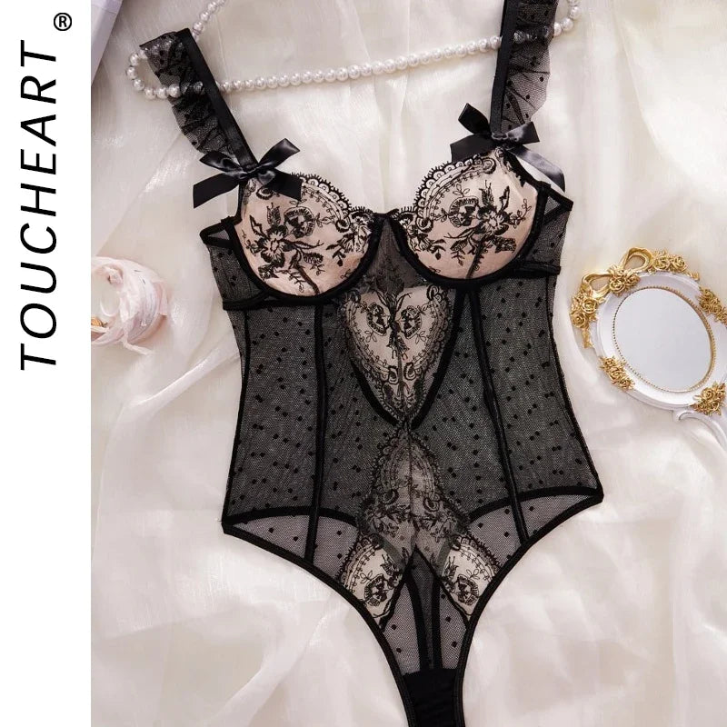 Toucheart Mesh See-Through Lingerie Tempting Lace Embroidery Splicing Bow Knot Polka Dots Mesh Sling Jumpsuit