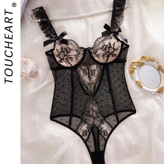 Toucheart Mesh See-Through Lingerie Tempting Lace Embroidery Splicing Bow Knot Polka Dots Mesh Sling Jumpsuit