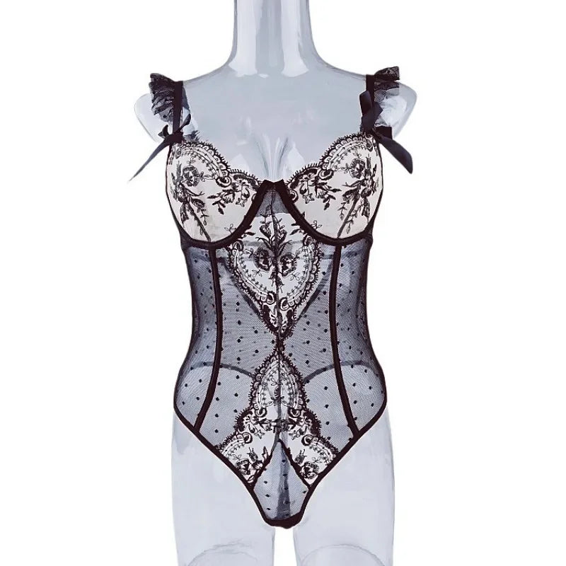 Toucheart Mesh See-Through Lingerie Tempting Lace Embroidery Splicing Bow Knot Polka Dots Mesh Sling Jumpsuit