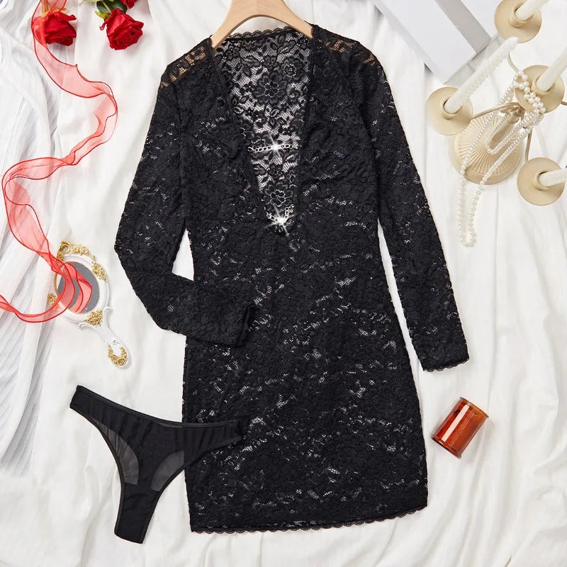 Toucheart Mesh See-through Nightgown Deep V-neck Lace Solid Color Long Sleeve Pajamas Underwear Set