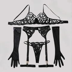 Toucheart Mesh Solid Color Lace See-through Underwear Garters Backless Steel Ring Set