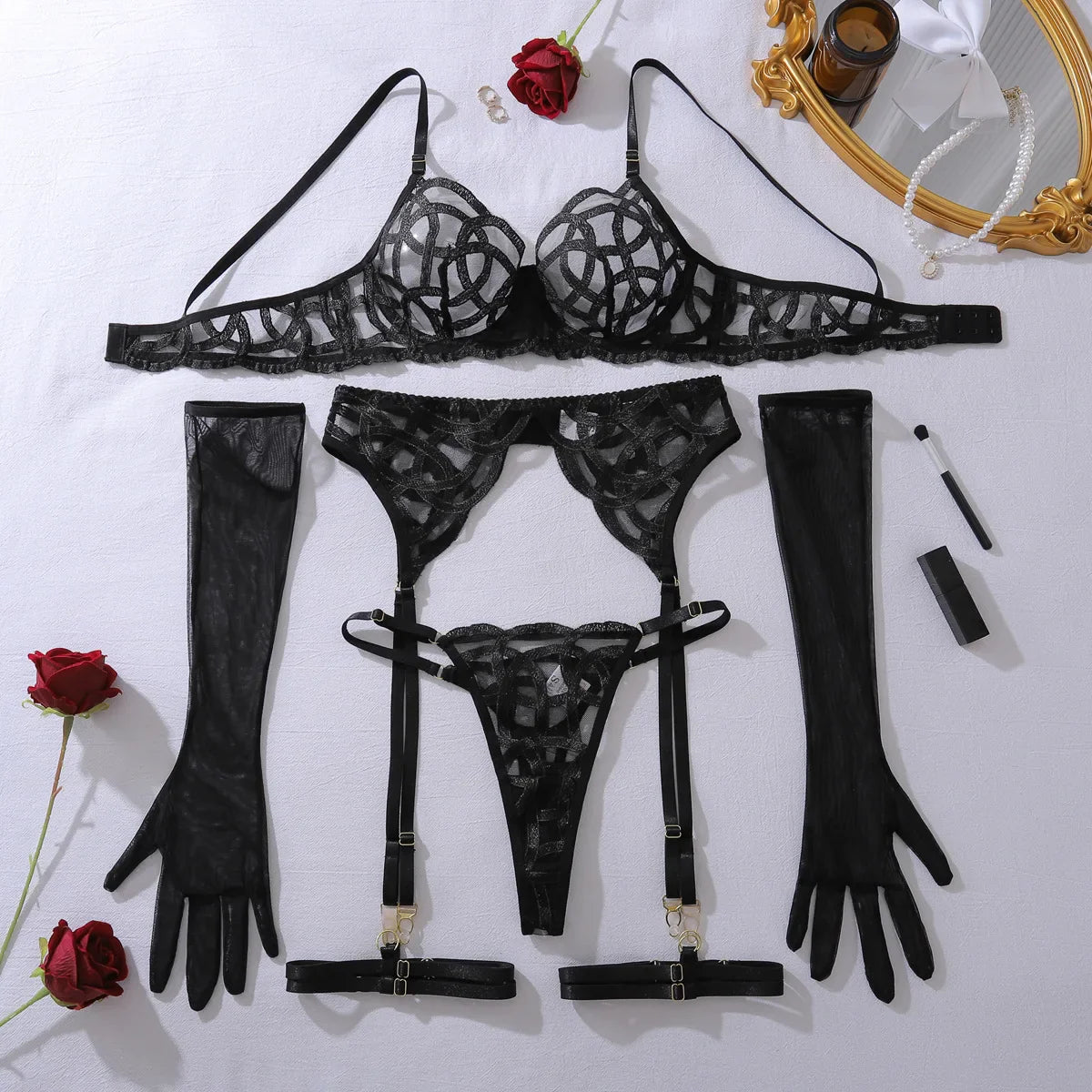 Toucheart Mesh Solid Color Lace See-through Underwear Garters Backless Steel Ring Set