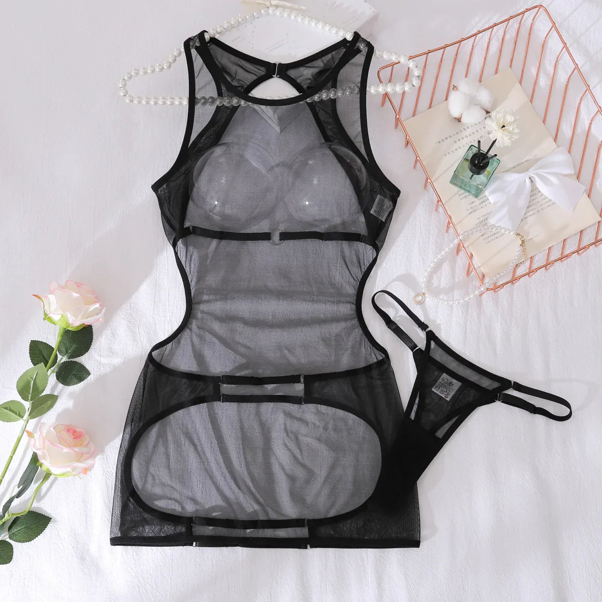 Toucheart Onesie Thin Solid Colorable Perspective Mesh High Waist Slim Body Showing Off Lingerie Set