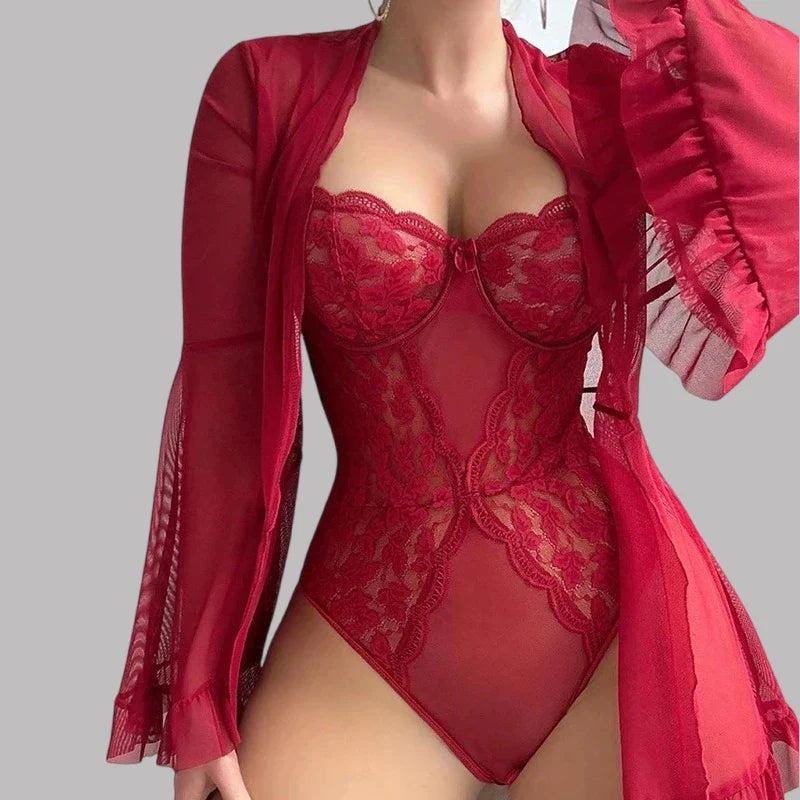 Toucheart Pajamas Nightgowns Solid Color Long Sleeves Lace Up Lace Perspective Jumpsuit Shawl Two-piece Set
