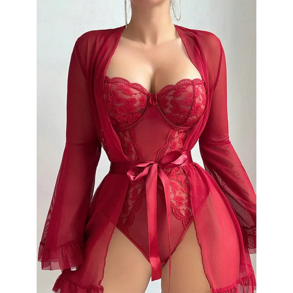 Toucheart Pajamas Nightgowns Solid Color Long Sleeves Lace Up Lace Perspective Jumpsuit Shawl Two-piece Set