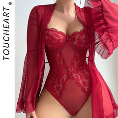 Toucheart Pajamas Nightgowns Solid Color Long Sleeves Lace Up Lace Perspective Jumpsuit Shawl Two-piece Set