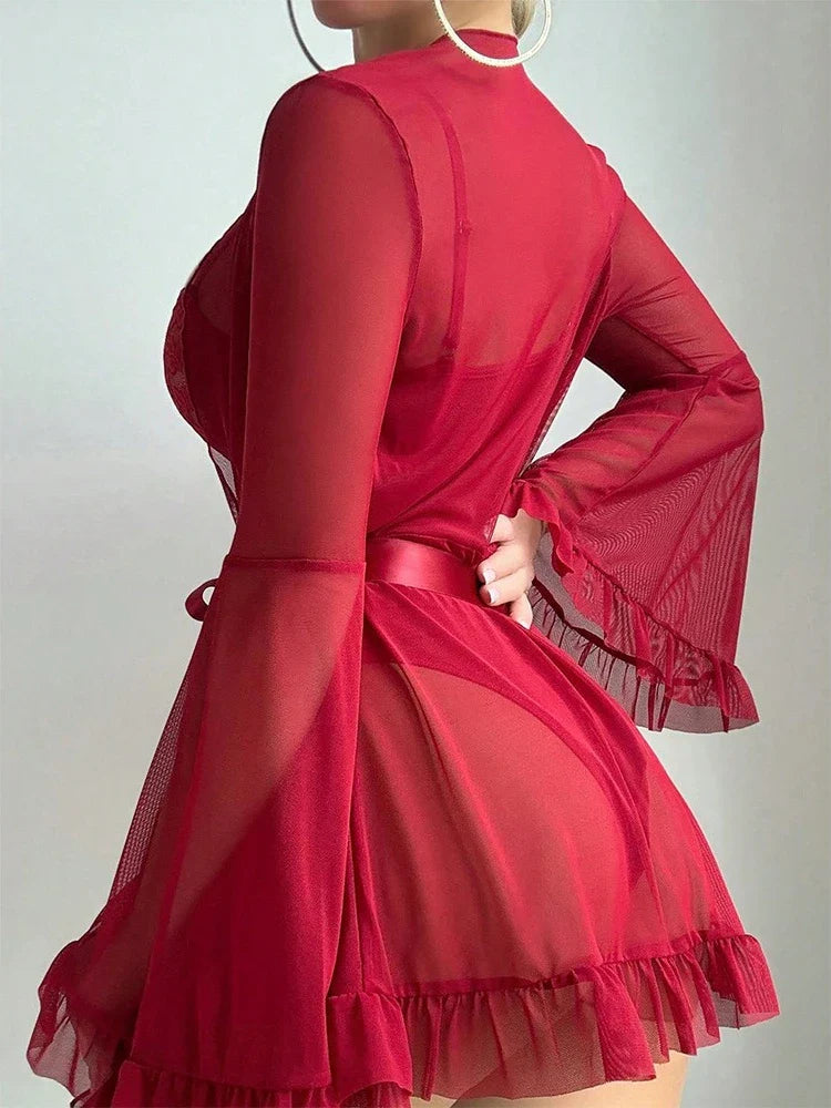 Toucheart Pajamas Nightgowns Solid Color Long Sleeves Lace Up Lace Perspective Jumpsuit Shawl Two-piece Set