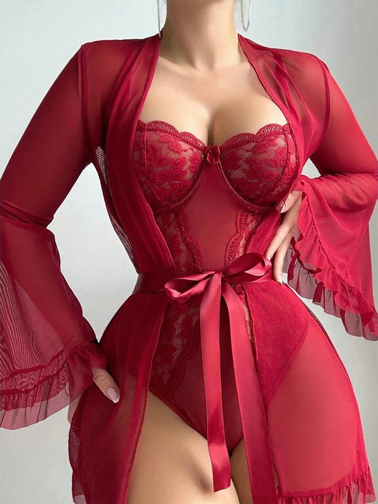 Toucheart Pajamas Nightgowns Solid Color Long Sleeves Lace Up Lace Perspective Jumpsuit Shawl Two-piece Set