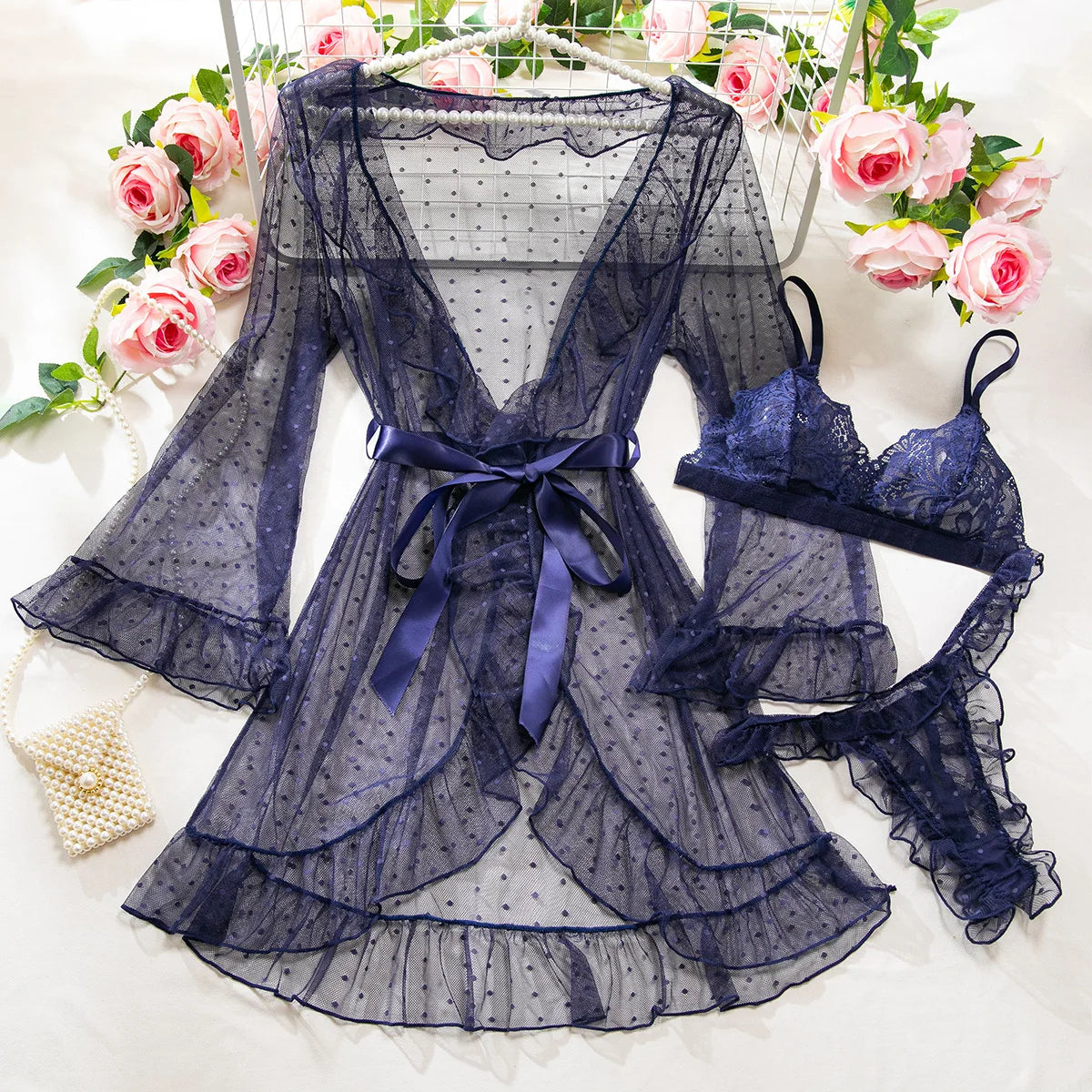 Toucheart Robe Lingerie with Panty 3PCS Delicate Slim Plunge See-through Charming Exotic Sets
