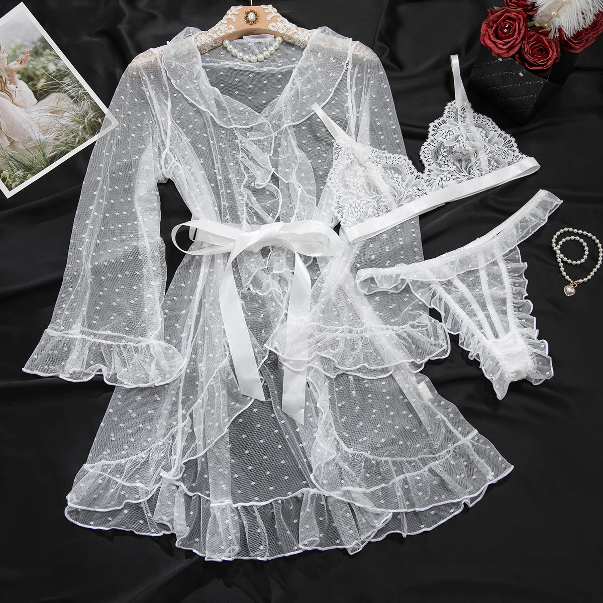 Toucheart Robe Lingerie with Panty 3PCS Delicate Slim Plunge See-through Charming Exotic Sets