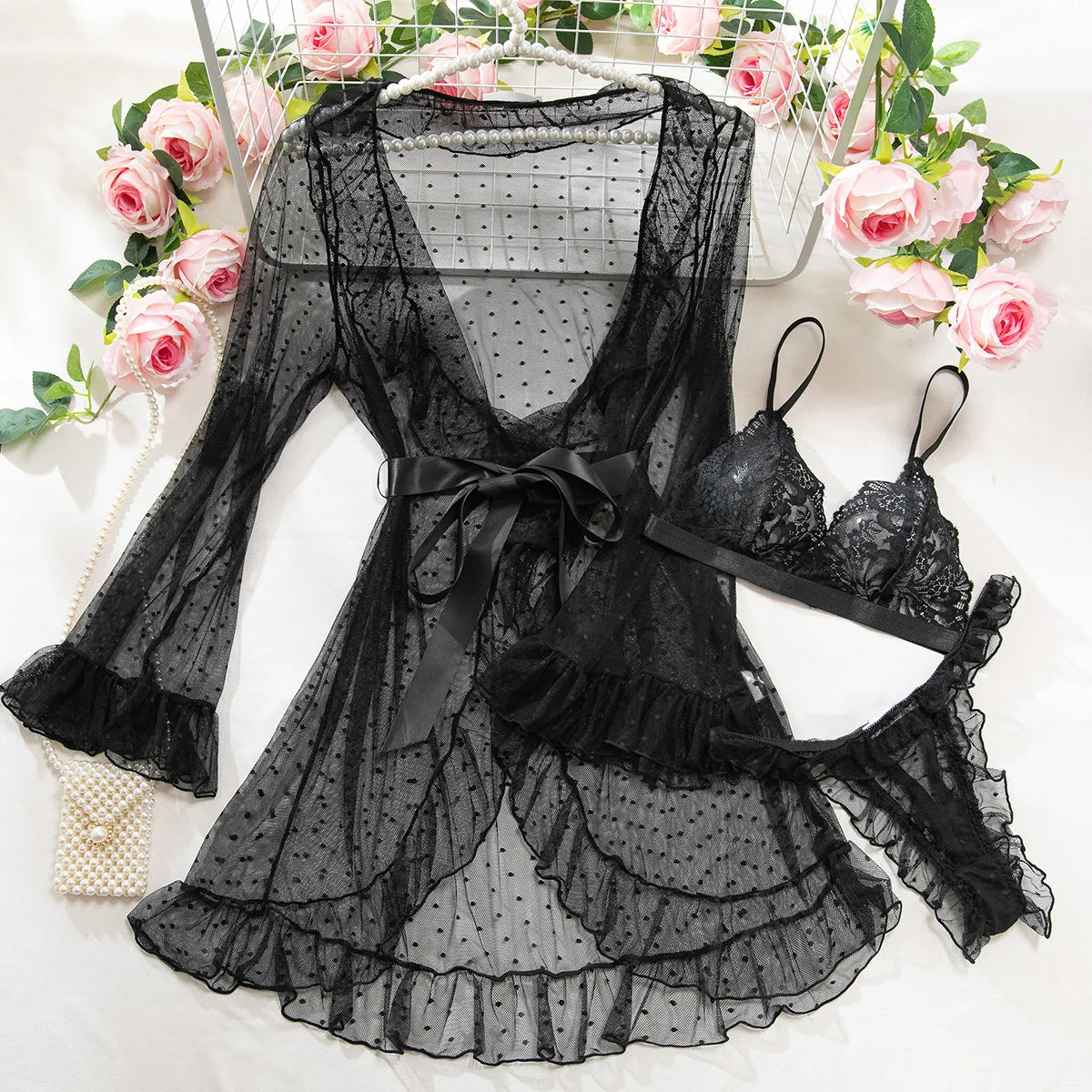 Toucheart Robe Lingerie with Panty 3PCS Delicate Slim Plunge See-through Charming Exotic Sets