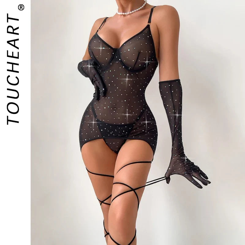 Toucheart Sequins Mesh Jumpsuit Underwear Plunge See-through 3 Piece Set Exotic Solid Color Suspender Bodysuit Set