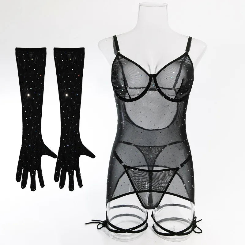 Toucheart Sequins Mesh Jumpsuit Underwear Plunge See-through 3 Piece Set Exotic Solid Color Suspender Bodysuit Set