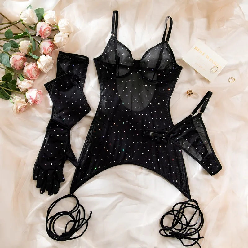 Toucheart Sequins Mesh Jumpsuit Underwear Plunge See-through 3 Piece Set Exotic Solid Color Suspender Bodysuit Set
