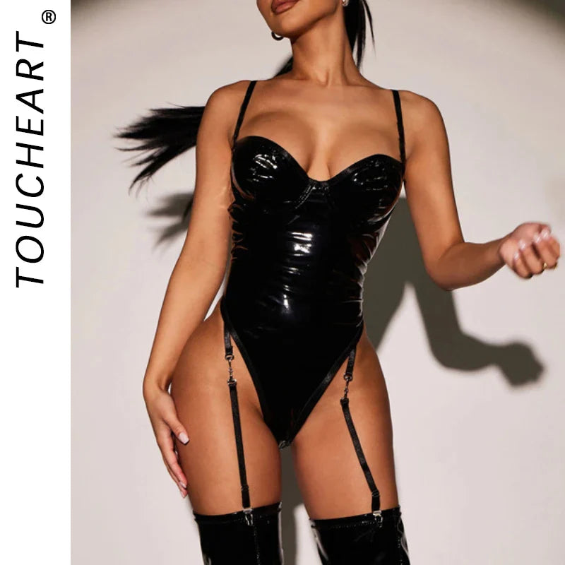 Toucheart Lingerie Patent Leather Suspender Bodysuit Solid Color Plunge Garter Belt Underwear Suit