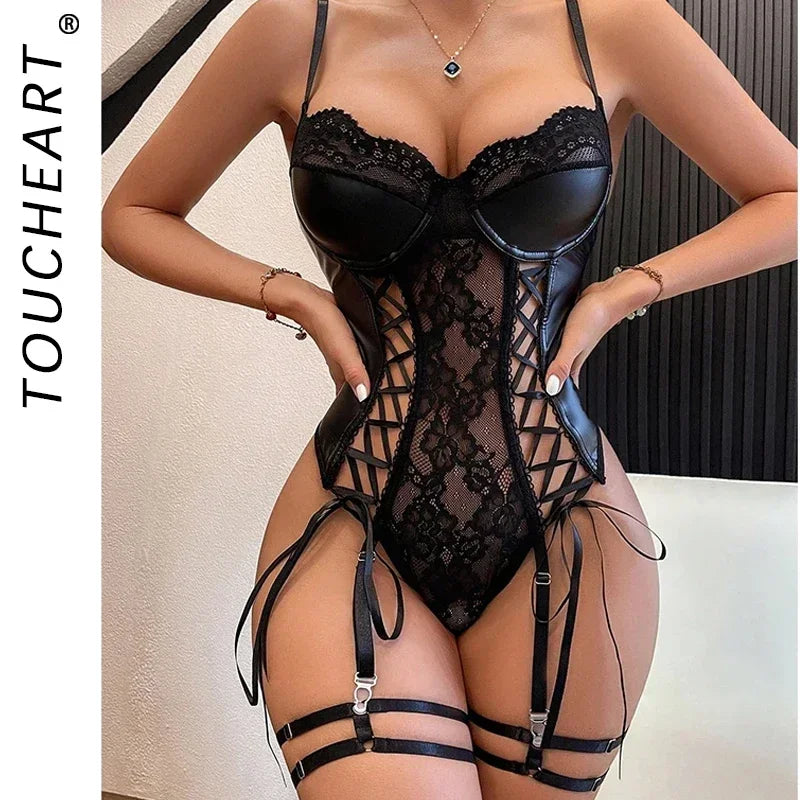 Toucheart Pajamas Fishnet PU Leather Temptation One-piece Underwear Elegant Black Body Lace Up Tops Lady