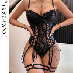 Toucheart Pajamas Fishnet PU Leather Temptation One-piece Underwear Elegant Black Body Lace Up Tops Lady