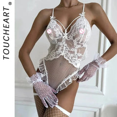 Toucheart Sling Bodysuit Open Crotch See-through Lace Plunge Erotic Bodysuit