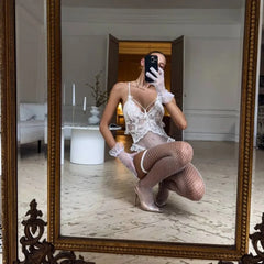 Toucheart Sling Bodysuit Open Crotch See-through Lace Plunge Erotic Bodysuit