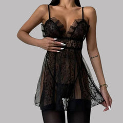 Toucheart Sling Sleeping Skirt with Panty See-through Lace Slim Backless Pajamas Set