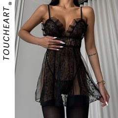 Toucheart Sling Sleeping Skirt with Panty See-through Lace Slim Backless Pajamas Set