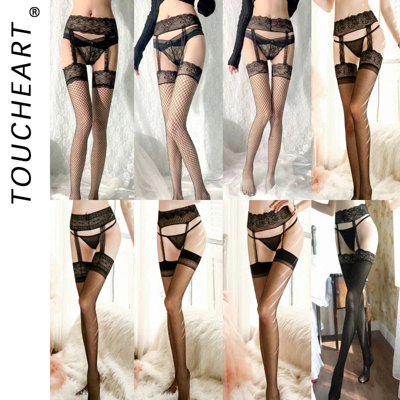 Toucheart Stockings Lace Suspender One-Piece Stockings Underwear Black Stocking Sheer Lace Top Thigh High Stockings
