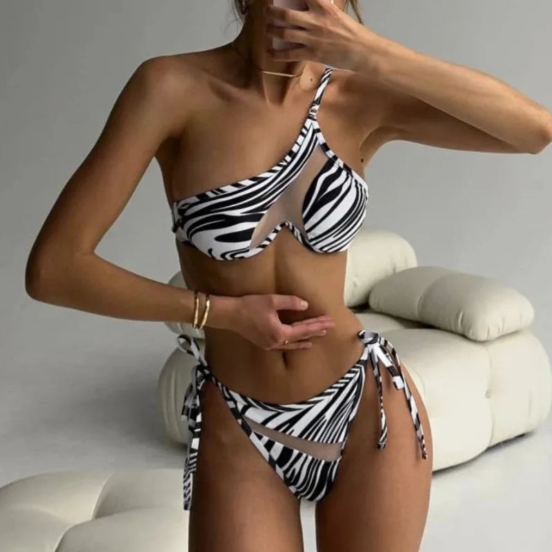 Toucheart Stripe Lingerie Suit Lace Up Mesh See-through One-shoulder Split Swimsuit Underwear
