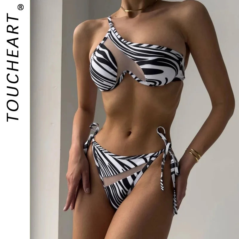 Toucheart Stripe Lingerie Suit Lace Up Mesh See-through One-shoulder Split Swimsuit Underwear
