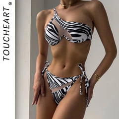 Toucheart Stripe Lingerie Suit Lace Up Mesh See-through One-shoulder Split Swimsuit Underwear