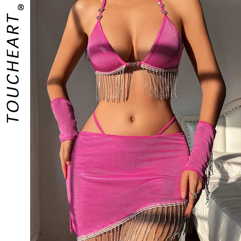 Toucheart Tassel Lingerie Perspective Lace-up Halter Neck Exposed Waist Splicing Chain Hip-wrapped Underwear