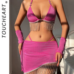 Toucheart Tassel Lingerie Perspective Lace-up Halter Neck Exposed Waist Splicing Chain Hip-wrapped Underwear