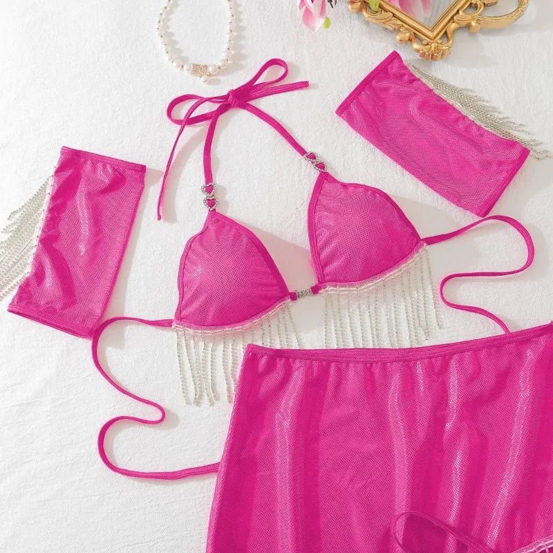 Toucheart Tassel Lingerie Perspective Lace-up Halter Neck Exposed Waist Splicing Chain Hip-wrapped Underwear
