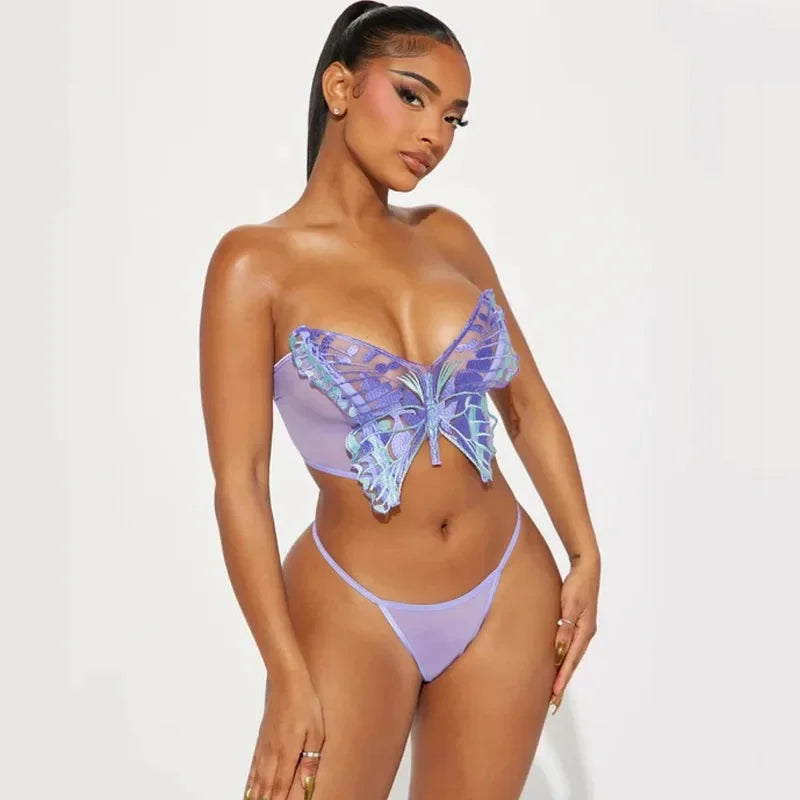 Toucheart Ultra Thin Perspective Underwear Set Bra 2 Piece Set Butterfly Lingerie Set