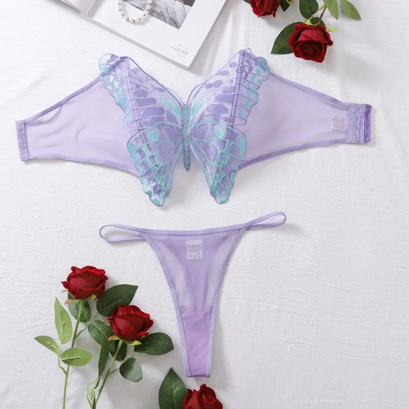 Toucheart Ultra Thin Perspective Underwear Set Bra 2 Piece Set Butterfly Lingerie Set