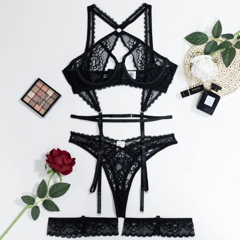 Toucheart Underwear Halter Steel Ring Lace See-through Embroidery Slim GatherSplitKit