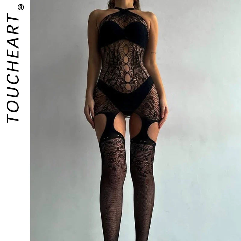 Toucheart Underwear Jumpsuit Black Mesh See-through Halter Jumpsuit Black Fishing Net Jumpsuits