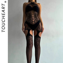 Toucheart Underwear Jumpsuit Black Mesh See-through Halter Jumpsuit Black Fishing Net Jumpsuits