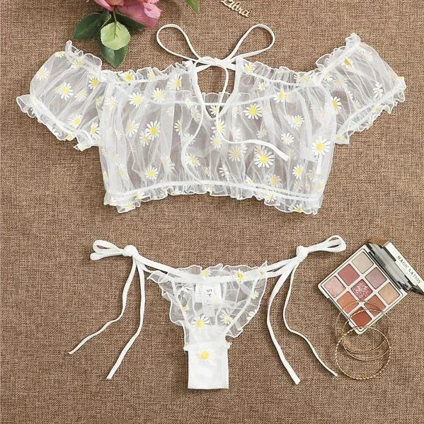 Toucheart Underwear Lace Lingerie Set Off-Shoulder Small Chest Bralette+Thong Beachwear Transparent Bra Set