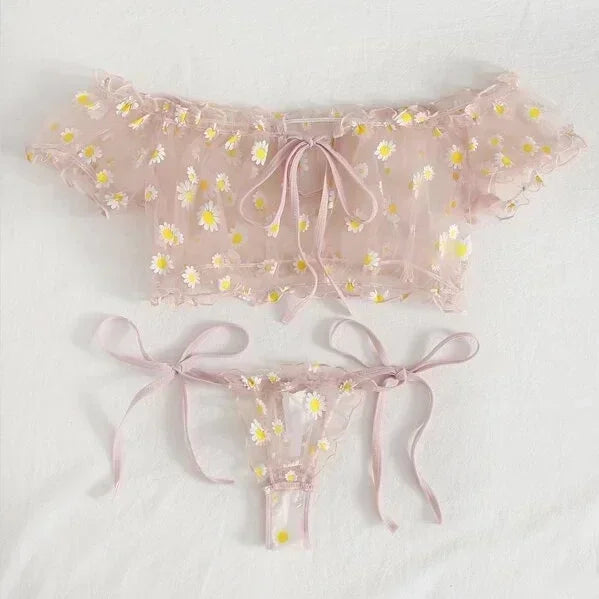 Toucheart Underwear Lace Lingerie Set Off-Shoulder Small Chest Bralette+Thong Beachwear Transparent Bra Set