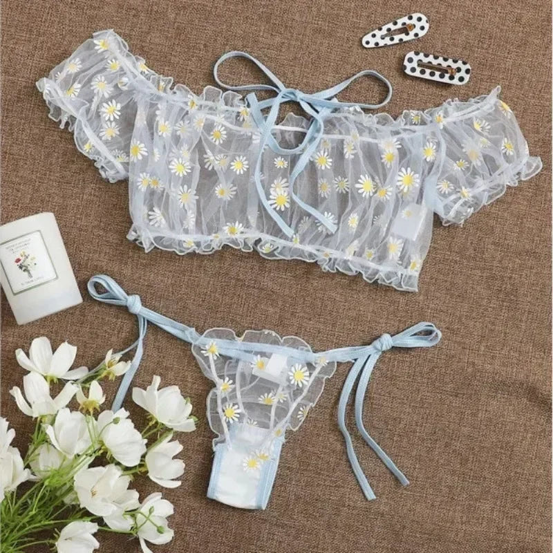Toucheart Underwear Lace Lingerie Set Off-Shoulder Small Chest Bralette+Thong Beachwear Transparent Bra Set