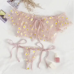 Toucheart Underwear Lace Lingerie Set Off-Shoulder Small Chest Bralette+Thong Beachwear Transparent Bra Set