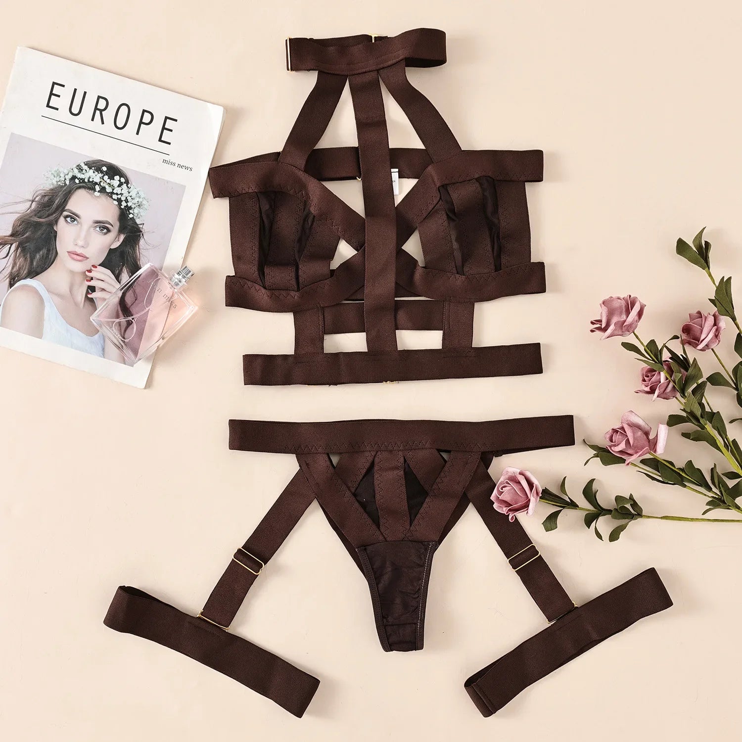 Toucheart Underwear Set Straps Backless Halter Corset Underwear Solid Erotic Sensual Bra Briefs Suits