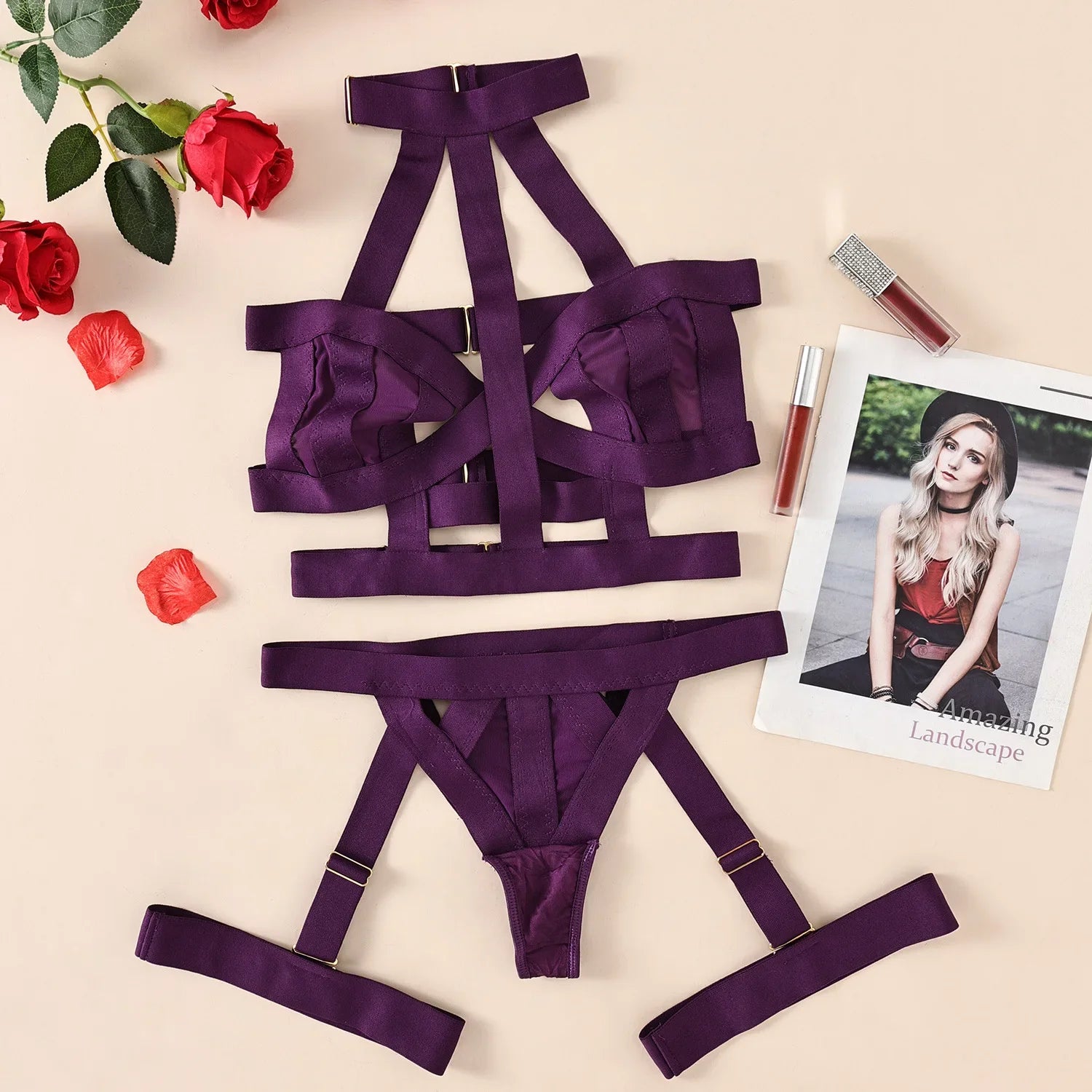 Toucheart Underwear Set Straps Backless Halter Corset Underwear Solid Erotic Sensual Bra Briefs Suits